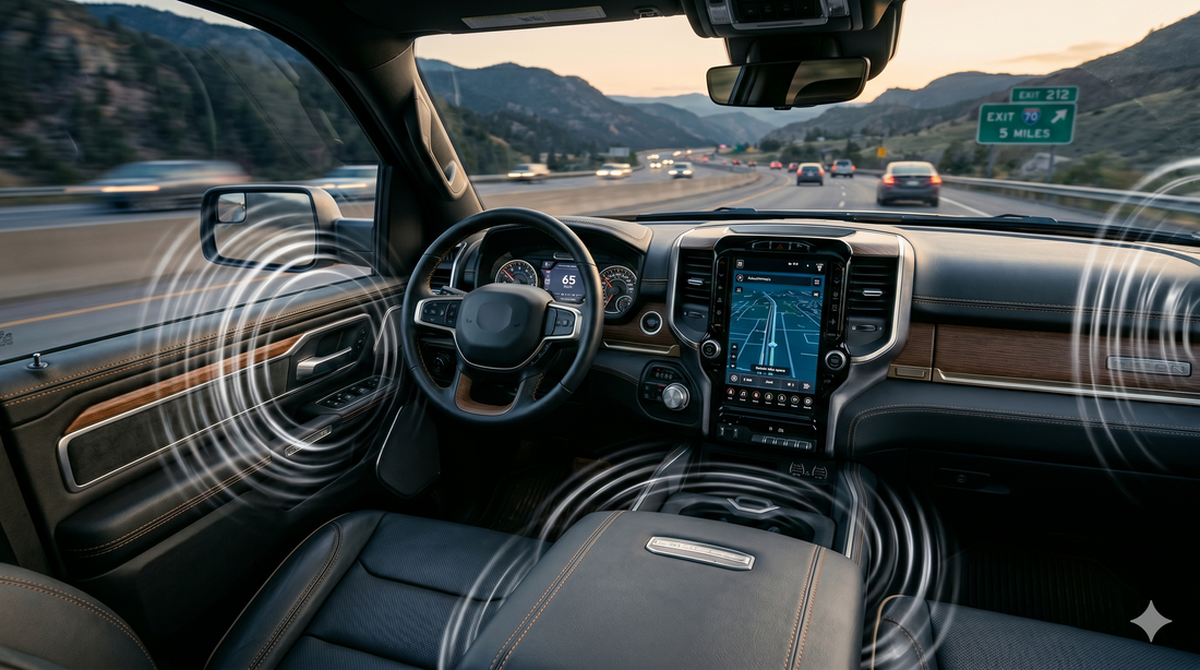 Sound deadening for truck cab visualized as translucent white sound waves moving through the dashboard, door panel, and floor of a pickup at highway speed.
