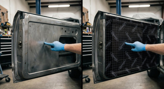 Car door panel before and after vibration damping, showing subtle metal resonance on untreated panel and solid, vibration-controlled surface with sound-deadening material.